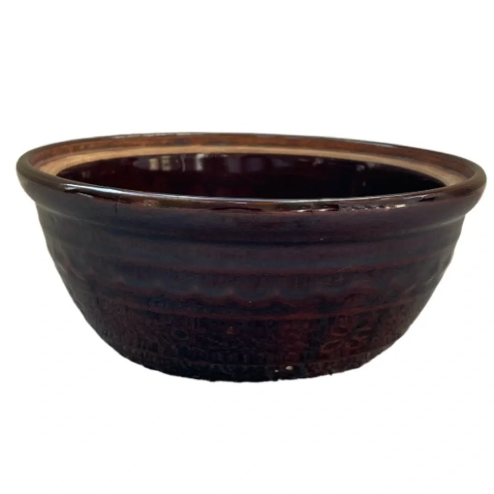 Vintage MarCrest Pottery Brown Stoneware Floral Mixing Bowl Antique Home Decor